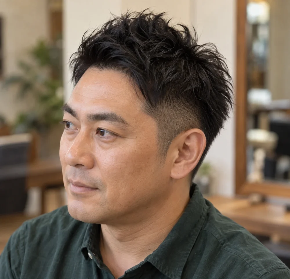 柔らかく立つソフトモヒカンと側面のツーブロック