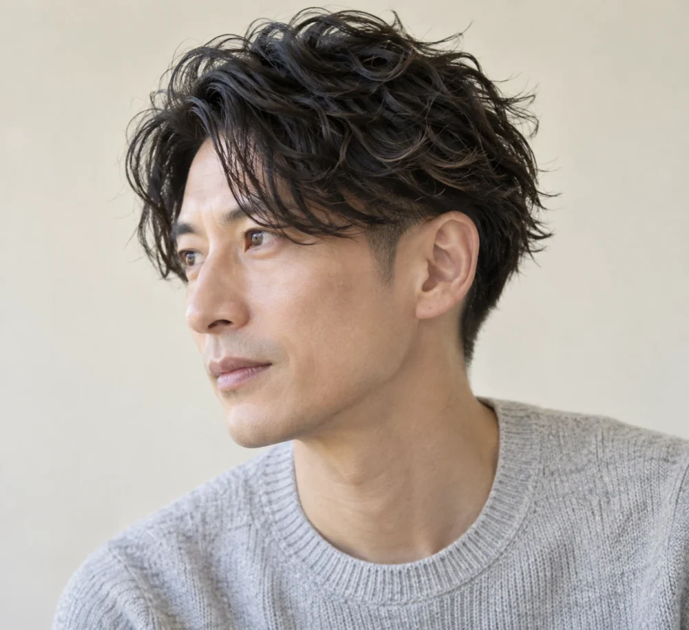 緩いパーマと側面のツーブロックを組み合わせた髪型