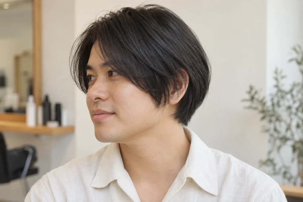 柔らかなボブ風の中性的なメンズヘア