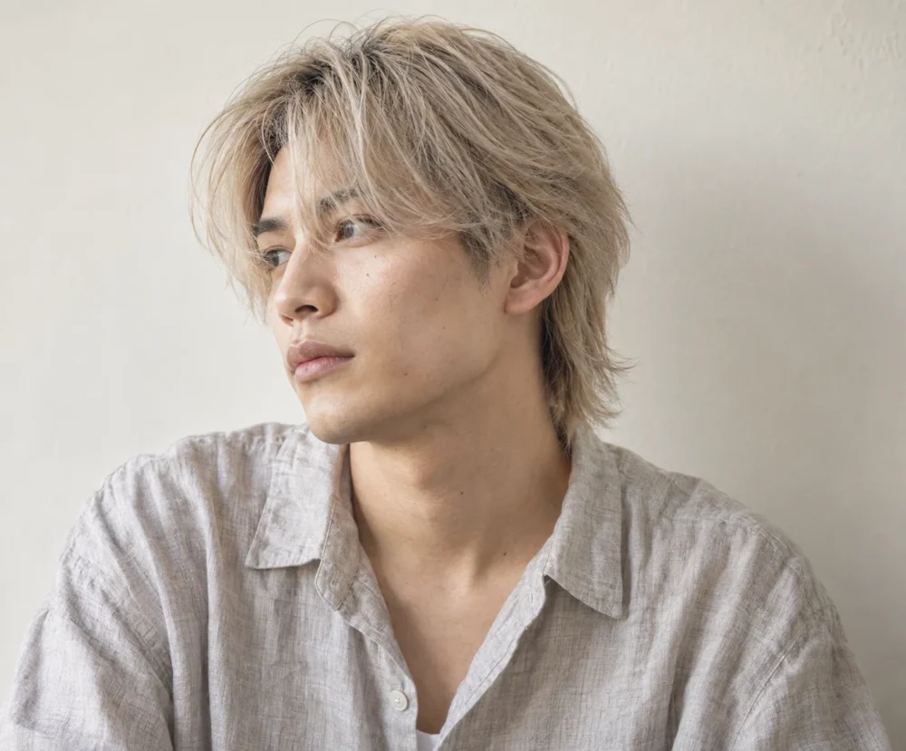 明るいベージュブロンドのメンズマッシュヘア