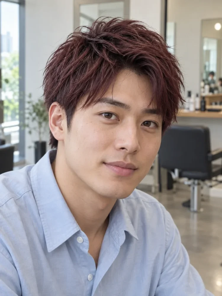 赤茶色に近い暗めの赤髪の日本人男性