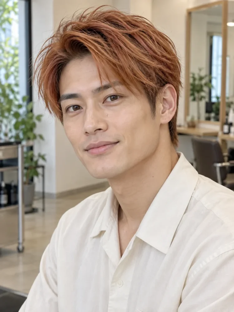 赤髪からオレンジに寄ったメンズヘアの色味例