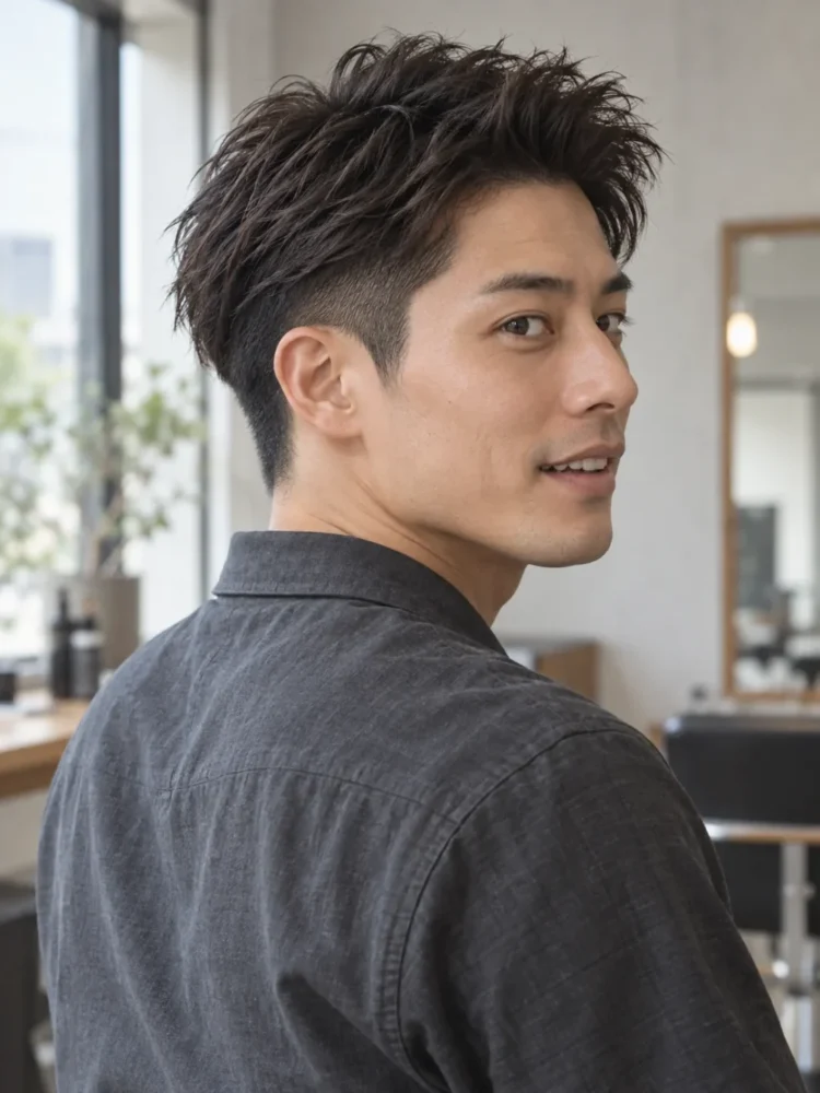 前髪を上げ、襟足まで刈り上げたツーブロックショート