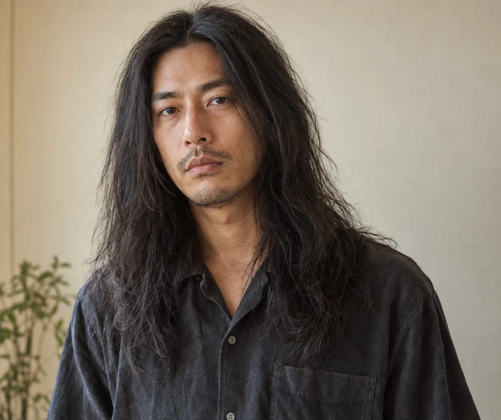毛先が不揃いの伸ばしっぱなしのメンズロングヘア