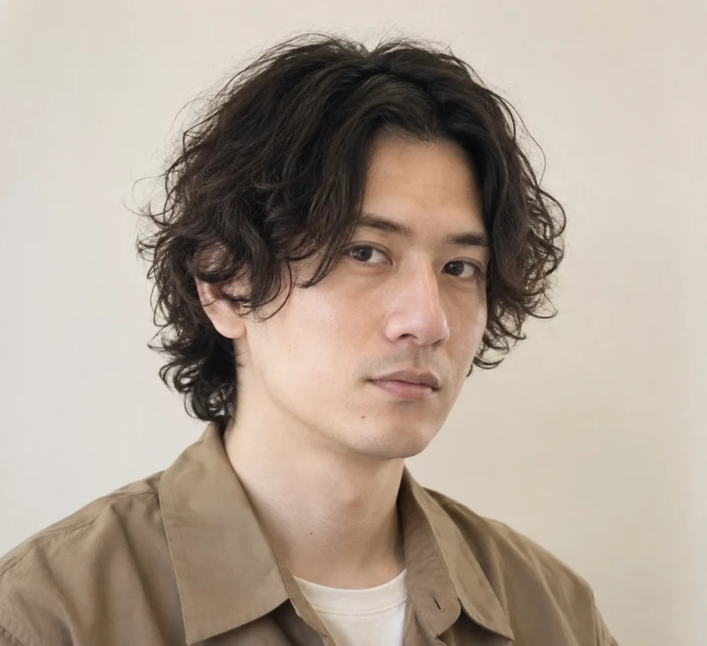 カールと毛先が不揃いになった伸びたメンズパーマ
