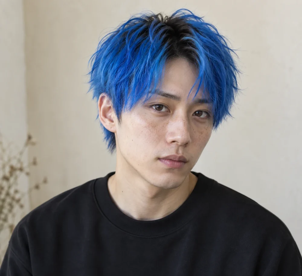 青いハイトーンと黒い根元が目立つメンズヘア